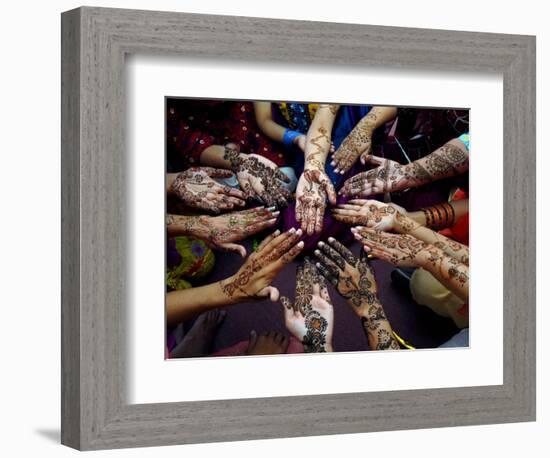 Pakistani Girls Show Their Hands Painted with Henna Ahead of the Muslim Festival of Eid-Al-Fitr-Khalid Tanveer-Framed Photographic Print