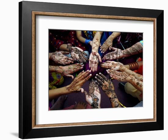 Pakistani Girls Show Their Hands Painted with Henna Ahead of the Muslim Festival of Eid-Al-Fitr-Khalid Tanveer-Framed Photographic Print