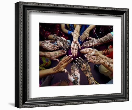 Pakistani Girls Show Their Hands Painted with Henna Ahead of the Muslim Festival of Eid-Al-Fitr-Khalid Tanveer-Framed Photographic Print