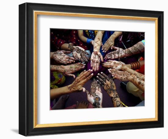 Pakistani Girls Show Their Hands Painted with Henna Ahead of the Muslim Festival of Eid-Al-Fitr-Khalid Tanveer-Framed Photographic Print