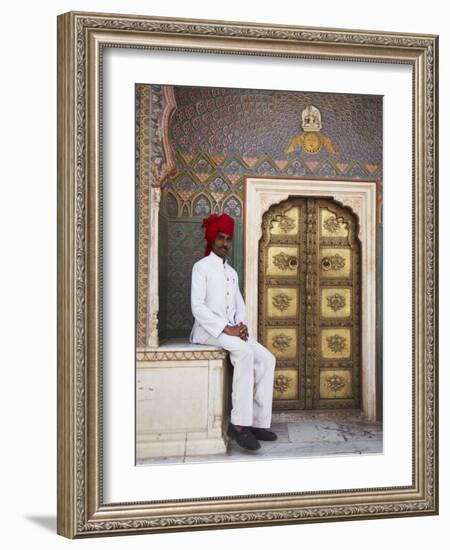 Palace Guard Sitting at Rose Gate in Pitam Niwas Chowk, City Palace, Jaipur, Rajasthan, India, Asia-Ian Trower-Framed Photographic Print