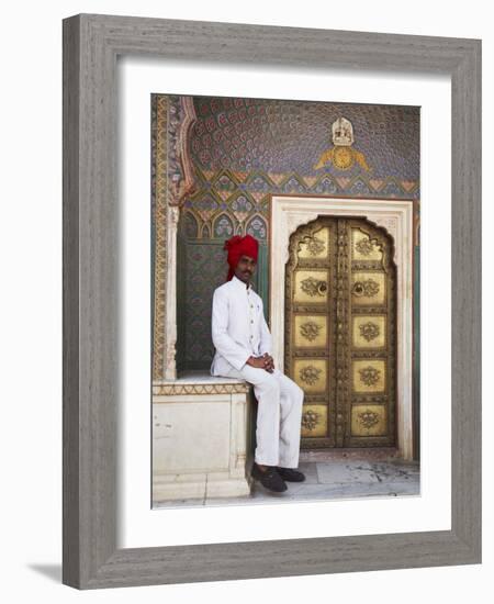 Palace Guard Sitting at Rose Gate in Pitam Niwas Chowk, City Palace, Jaipur, Rajasthan, India, Asia-Ian Trower-Framed Photographic Print