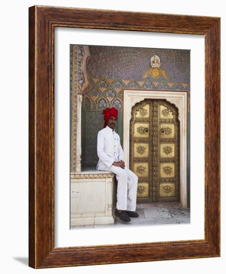 Palace Guard Sitting at Rose Gate in Pitam Niwas Chowk, City Palace, Jaipur, Rajasthan, India, Asia-Ian Trower-Framed Photographic Print