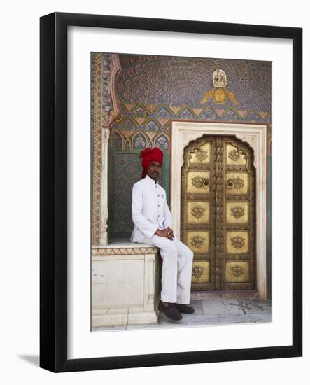 Palace Guard Sitting at Rose Gate in Pitam Niwas Chowk, City Palace, Jaipur, Rajasthan, India, Asia-Ian Trower-Framed Photographic Print