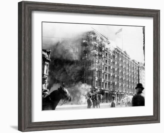 Palace Hotel on Fire after the Earthquake, San Francisco, California, c.1906-null-Framed Photo