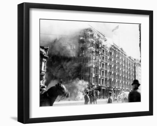 Palace Hotel on Fire after the Earthquake, San Francisco, California, c.1906-null-Framed Photo