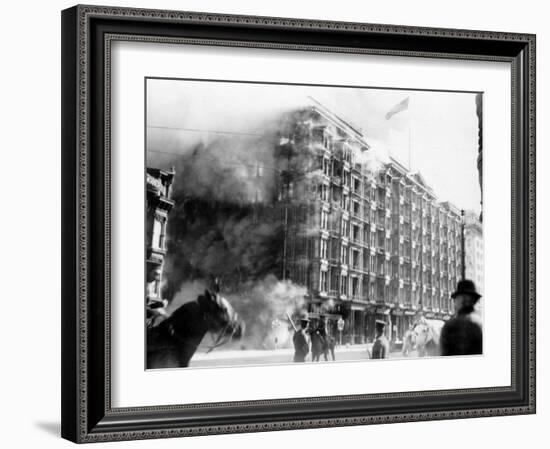 Palace Hotel on Fire after the Earthquake, San Francisco, California, c.1906-null-Framed Photo