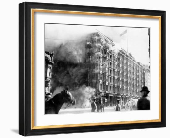 Palace Hotel on Fire after the Earthquake, San Francisco, California, c.1906-null-Framed Photo