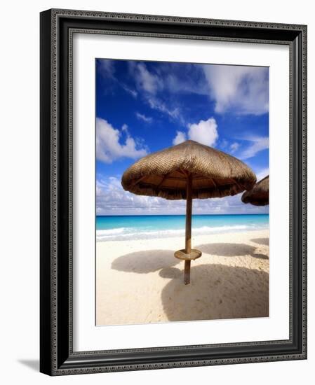 Palapa Umbrella on Cancun Beach, Mexico-George Oze-Framed Photographic Print