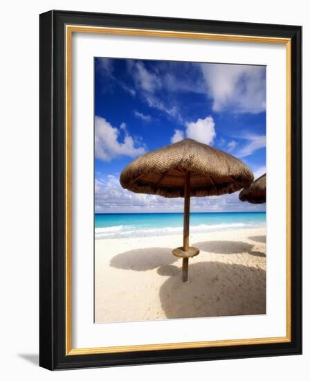 Palapa Umbrella on Cancun Beach, Mexico-George Oze-Framed Photographic Print