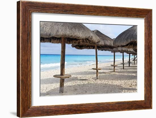 Palapas Lined up on the Beach, Cancun, Mexico-George Oze-Framed Photographic Print