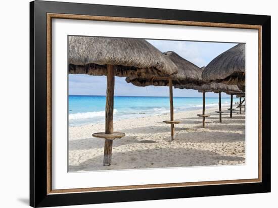 Palapas Lined up on the Beach, Cancun, Mexico-George Oze-Framed Photographic Print