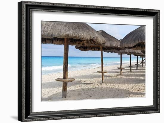 Palapas Lined up on the Beach, Cancun, Mexico-George Oze-Framed Photographic Print