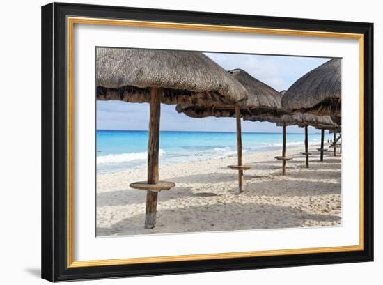 Palapas Lined up on the Beach, Cancun, Mexico-George Oze-Framed Photographic Print