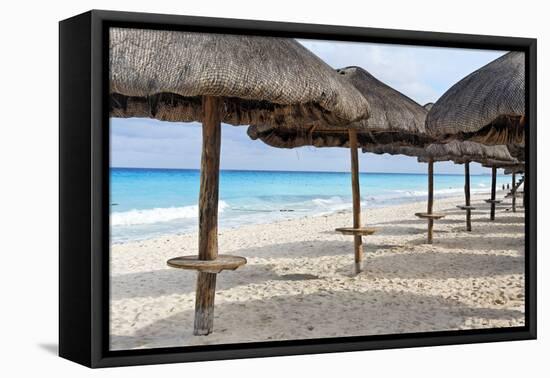 Palapas Lined up on the Beach, Cancun, Mexico-George Oze-Framed Premier Image Canvas