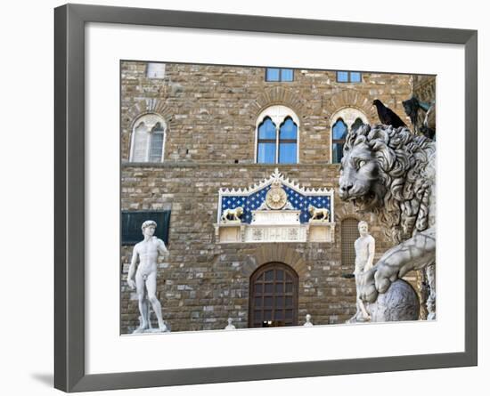 Palazzo Vecchio, Marzocco Lion and Statue of David, Piazza Della Signoria, UNESCO Heritage Site-Nico Tondini-Framed Photographic Print