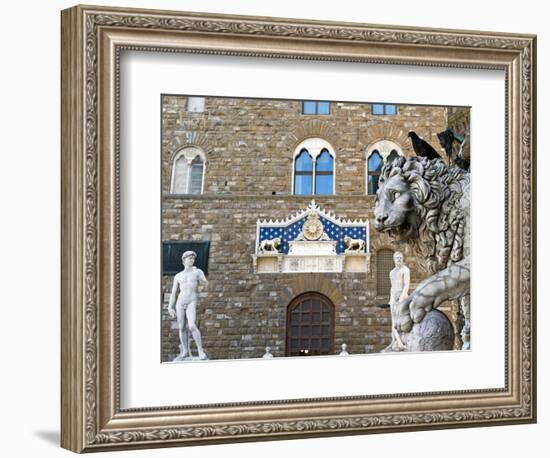 Palazzo Vecchio, Marzocco Lion and Statue of David, Piazza Della Signoria, UNESCO Heritage Site-Nico Tondini-Framed Photographic Print