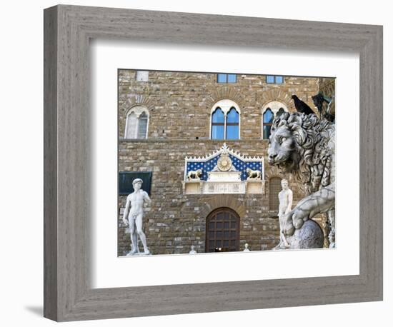 Palazzo Vecchio, Marzocco Lion and Statue of David, Piazza Della Signoria, UNESCO Heritage Site-Nico Tondini-Framed Photographic Print