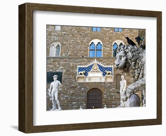 Palazzo Vecchio, Marzocco Lion and Statue of David, Piazza Della Signoria, UNESCO Heritage Site-Nico Tondini-Framed Photographic Print