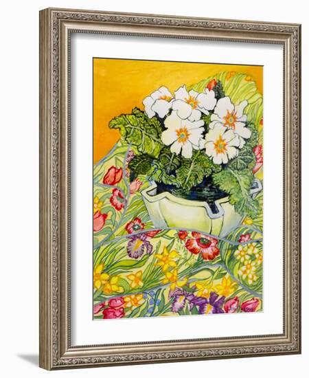 Pale Primrose in a Pot with Spring-Flowered Textile, 2000-Joan Thewsey-Framed Giclee Print