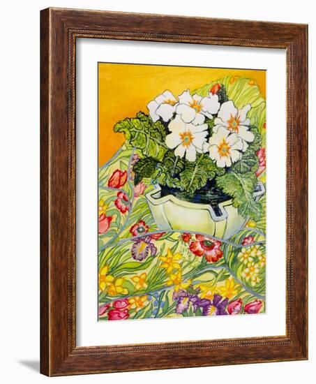 Pale Primrose in a Pot with Spring-Flowered Textile, 2000-Joan Thewsey-Framed Giclee Print