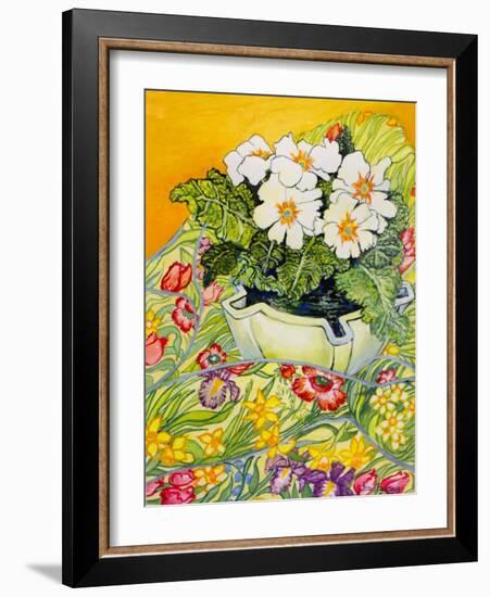 Pale Primrose in a Pot with Spring-Flowered Textile, 2000-Joan Thewsey-Framed Giclee Print