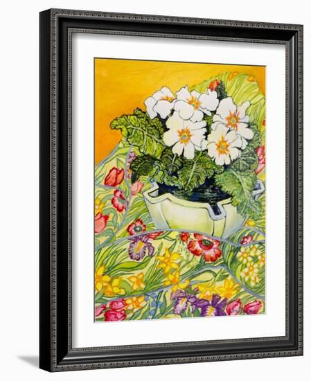 Pale Primrose in a Pot with Spring-Flowered Textile, 2000-Joan Thewsey-Framed Giclee Print