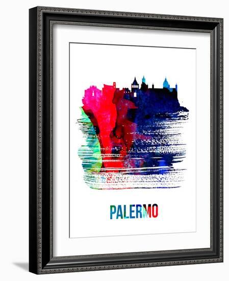 Palermo Skyline Brush Stroke - Watercolor-NaxArt-Framed Art Print