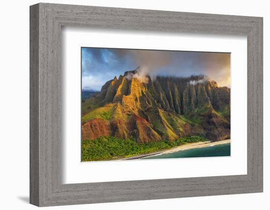 Pali sea cliffs on the Kalaulau trail, Napali Coast State Park, Kauai Island, Hawaii, USA-Christian Kober-Framed Photographic Print