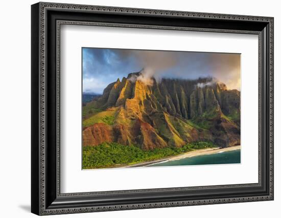 Pali sea cliffs on the Kalaulau trail, Napali Coast State Park, Kauai Island, Hawaii, USA-Christian Kober-Framed Photographic Print