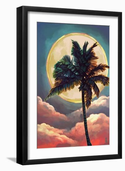 Palm and Moon - Sunset-Lantern Press-Framed Art Print