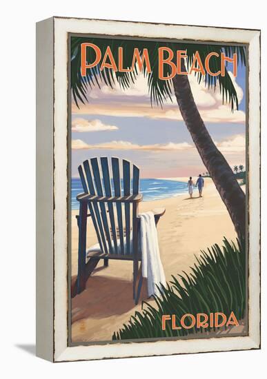 Palm Beach, Florida - Adirondack Chair on the Beach-Lantern Press-Framed Stretched Canvas
