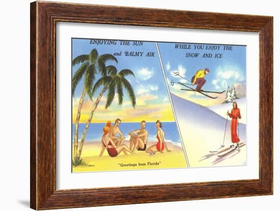 Palm Trees and Beach Versus Snow Skiing-null-Framed Art Print