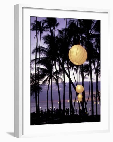 Palm Trees and Lanterns on Beach at Dusk, Big Island, Hawaii, USA-Merrill Images-Framed Photographic Print