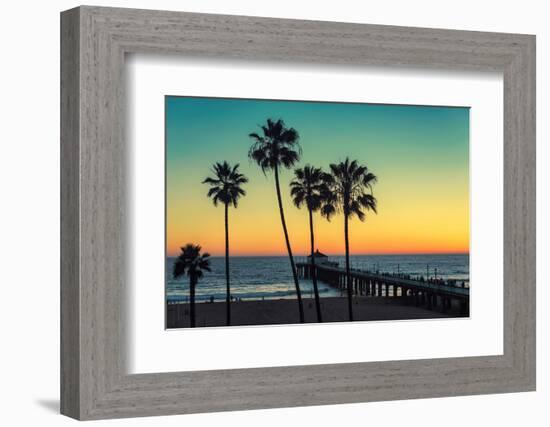 Palm Trees at Manhattan Beach. Vintage Processed. Fashion Travel and Tropical Beach Concept.-lucky-photographer-Framed Photographic Print