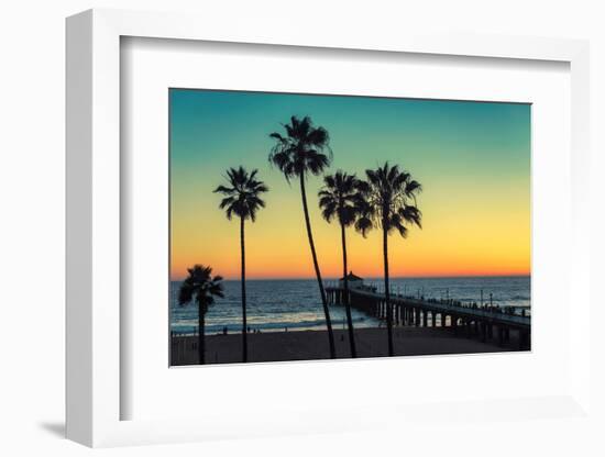 Palm Trees at Manhattan Beach. Vintage Processed. Fashion Travel and Tropical Beach Concept.-lucky-photographer-Framed Photographic Print