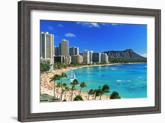 Palm trees on the beach, Diamond Head, Waikiki Beach, Oahu, Honolulu, Hawaii, USA-null-Framed Photographic Print