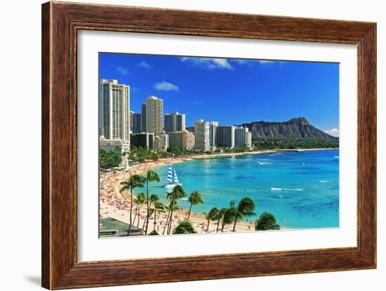 Palm trees on the beach, Diamond Head, Waikiki Beach, Oahu, Honolulu, Hawaii, USA-null-Framed Photographic Print