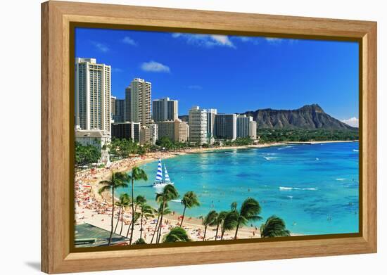 Palm trees on the beach, Diamond Head, Waikiki Beach, Oahu, Honolulu, Hawaii, USA-null-Framed Premier Image Canvas