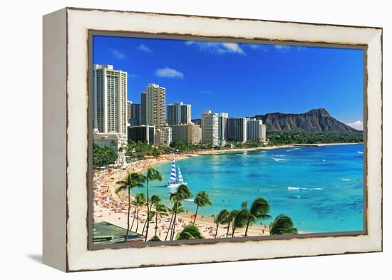 Palm trees on the beach, Diamond Head, Waikiki Beach, Oahu, Honolulu, Hawaii, USA-null-Framed Premier Image Canvas