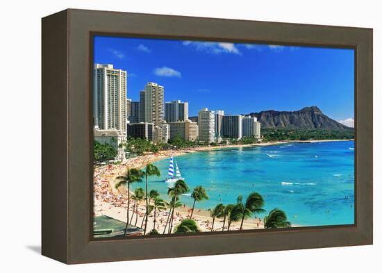 Palm trees on the beach, Diamond Head, Waikiki Beach, Oahu, Honolulu, Hawaii, USA-null-Framed Premier Image Canvas