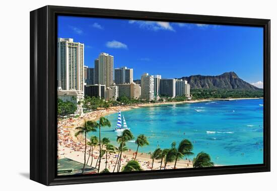 Palm trees on the beach, Diamond Head, Waikiki Beach, Oahu, Honolulu, Hawaii, USA-null-Framed Premier Image Canvas