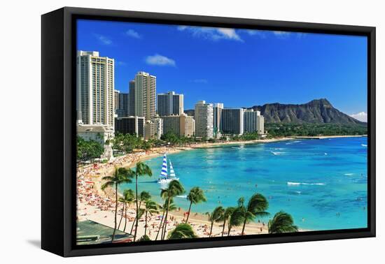 Palm trees on the beach, Diamond Head, Waikiki Beach, Oahu, Honolulu, Hawaii, USA-null-Framed Premier Image Canvas