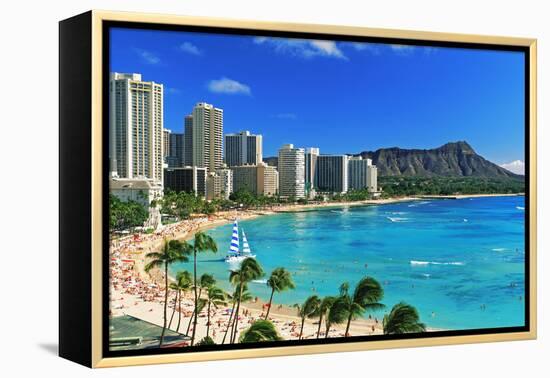 Palm trees on the beach, Diamond Head, Waikiki Beach, Oahu, Honolulu, Hawaii, USA-null-Framed Premier Image Canvas