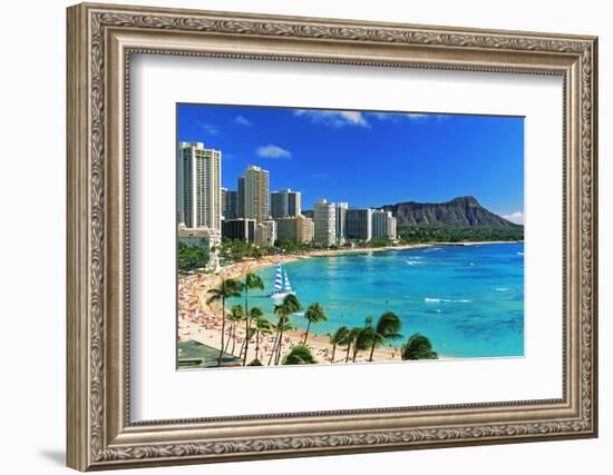 Palm trees on the beach, Diamond Head, Waikiki Beach, Oahu, Honolulu, Hawaii, USA-null-Framed Photographic Print