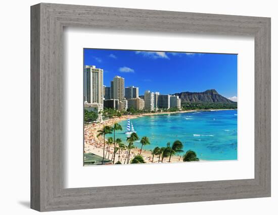 Palm trees on the beach, Diamond Head, Waikiki Beach, Oahu, Honolulu, Hawaii, USA-null-Framed Photographic Print