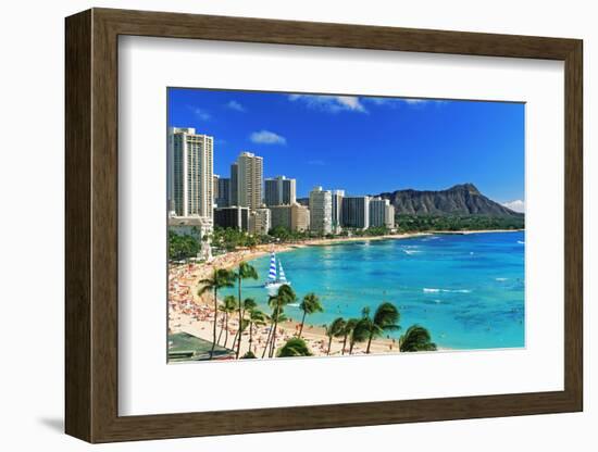 Palm trees on the beach, Diamond Head, Waikiki Beach, Oahu, Honolulu, Hawaii, USA-null-Framed Photographic Print