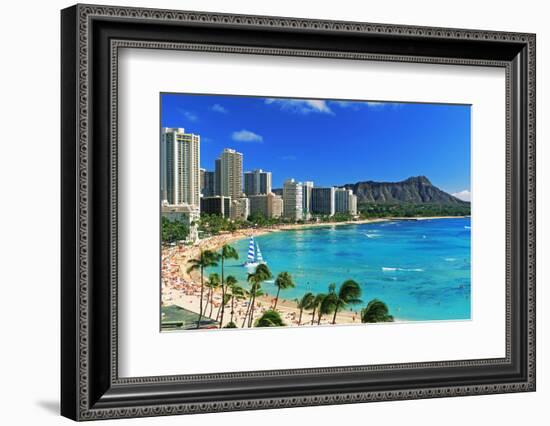 Palm trees on the beach, Diamond Head, Waikiki Beach, Oahu, Honolulu, Hawaii, USA-null-Framed Photographic Print