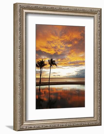 Palm trees silhouetted against red clouds during sunset over a beach at Flic en Flac-Stuart Forster-Framed Photographic Print