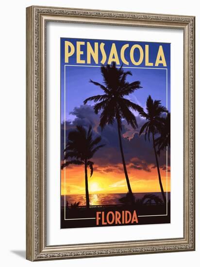 Palms and Sunset - Pensacola, Florida-Lantern Press-Framed Art Print